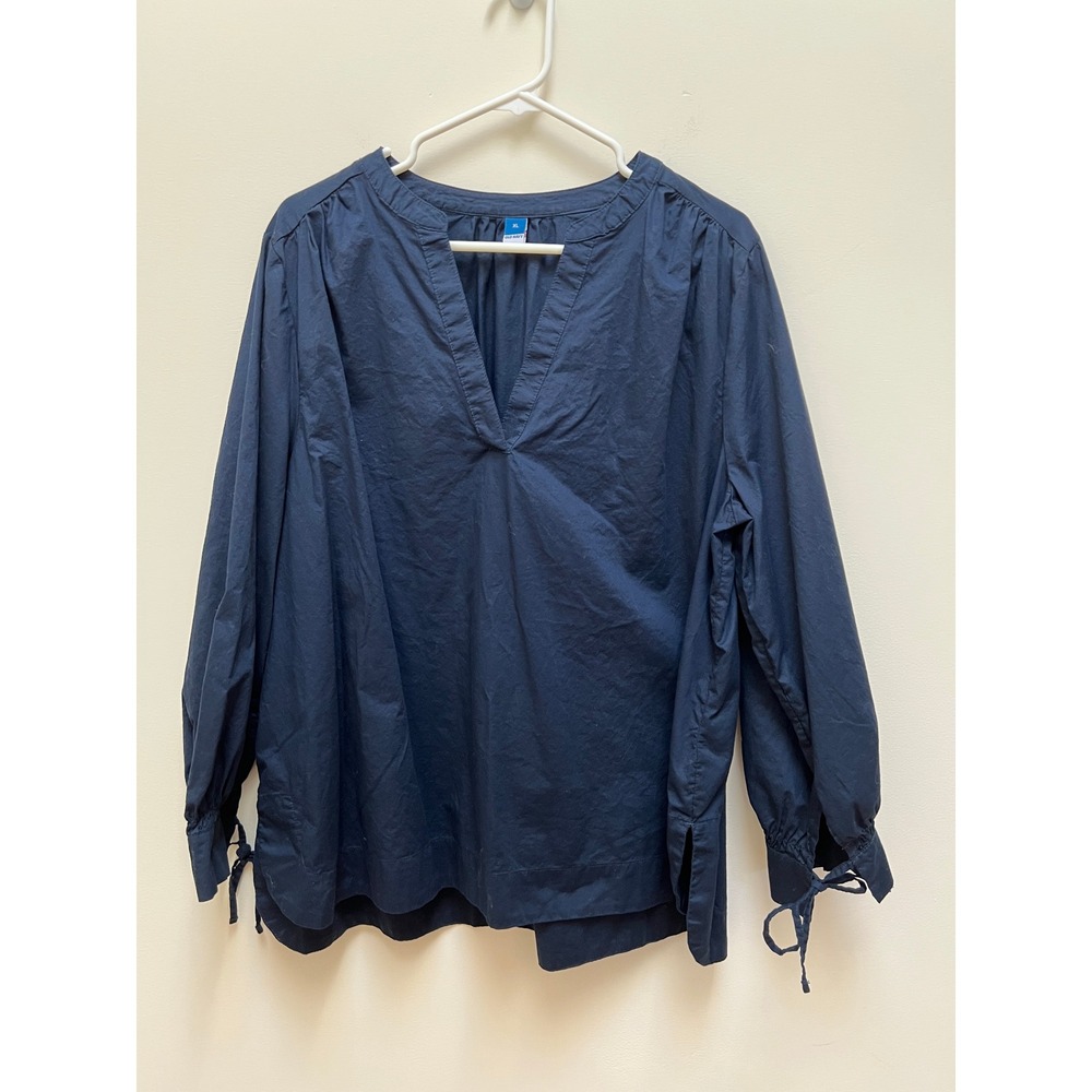 Old Navy Blouse Women XL Navy Blue V-Neck Poplin Tie-Cuff Long Sleeve Top Cotton